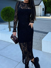 LIZAKOSHT - Lace Round Neck Long Sleeve Midi Dress