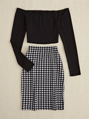 LIZAKOSHT - Off-Shoulder Long Sleeve Top and Houndstooth Skirt Set