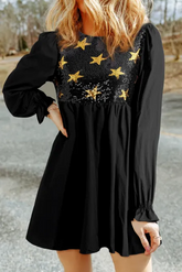 LIZAKOSHT  -  Sequin Star Round Neck Flounce Sleeve Mini Dress