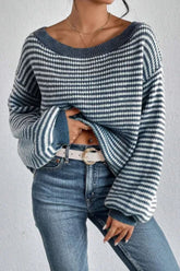 LIZAKOSHT - Striped Boat Neck Long Sleeve Sweater