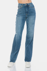 LIZAKOSHT  -  Judy Blue Full Size Tummy Control Cut Raw Hem Straight Jeans