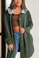 LIZAKOSHT  -  Drawstring Button Up Long Sleeve Hooded Jacket