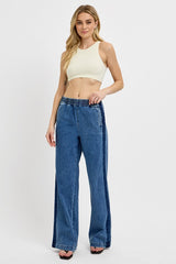 LIZAKOSHT - Full Size Elastic Waist Wide Leg Jeans Plus Size