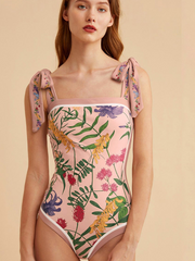 Vintage Floral Print One-Piece Triangle Micro Bikinis Sexy Swimsuit Pink Swimwear Women With Cover Up Summer Beach 2022 Luxury