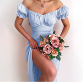 Lizakosht 2021 Summer's New Solid-colored Simple One-word Shoulder-length Skirt Summer Slash Neck Puff Sleeve Dresses for Women