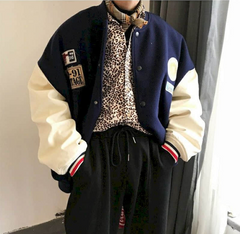 Vintage collage jacket 2021 winter new Korean plus velvet thick coat men women loose baseball uniform couple preppy streetwear