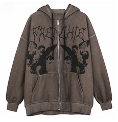 Lizakosht Y2K Fairy Grunge Printing Oversize Zipper Hoodies Vintage Streetwear Big Pockets Hooded Long Sleeve Sweats Green Jackets