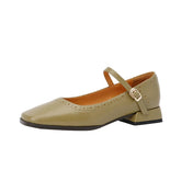Lizakosht New Genuine Leather Mary Jane Women's Shoes LEISURE Buckle Shallow Pumps Square Toe Thick Heel Shoes Woman Zapatos De Mujer