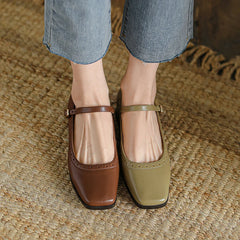 Lizakosht New Genuine Leather Mary Jane Women's Shoes LEISURE Buckle Shallow Pumps Square Toe Thick Heel Shoes Woman Zapatos De Mujer