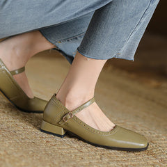 Lizakosht New Genuine Leather Mary Jane Women's Shoes LEISURE Buckle Shallow Pumps Square Toe Thick Heel Shoes Woman Zapatos De Mujer