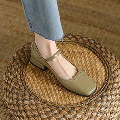 Lizakosht New Genuine Leather Mary Jane Women's Shoes LEISURE Buckle Shallow Pumps Square Toe Thick Heel Shoes Woman Zapatos De Mujer