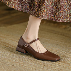 Lizakosht New Genuine Leather Mary Jane Women's Shoes LEISURE Buckle Shallow Pumps Square Toe Thick Heel Shoes Woman Zapatos De Mujer