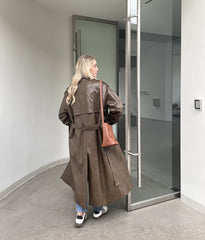 Lizakosht 2023 Autumn New design Runway Designer Leather Maxi Long Trench Coat With Belt Chic Female PU Windbreaker Classic