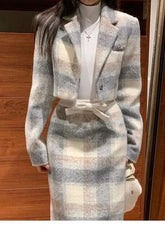 Autumn Winter New Suit Set Small Fragrant Fashion Women Sweet Vintage Woolen Set Plaid High Waist Coat+ Midi Skirt 2 pieces