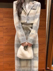 Autumn Winter New Suit Set Small Fragrant Fashion Women Sweet Vintage Woolen Set Plaid High Waist Coat+ Midi Skirt 2 pieces