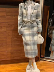 Autumn Winter New Suit Set Small Fragrant Fashion Women Sweet Vintage Woolen Set Plaid High Waist Coat+ Midi Skirt 2 pieces
