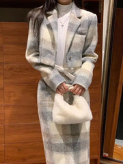 Autumn Winter New Suit Set Small Fragrant Fashion Women Sweet Vintage Woolen Set Plaid High Waist Coat+ Midi Skirt 2 pieces