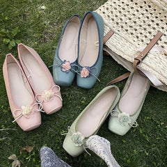 Lizakosht Classic Ballet Shoes Silk Ribbon Lace Up Ballet Shoes Women Square Toe Narcissus Flower Elegant Valentine Flats Pink Green
