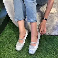 Lizakosht Fashion Spring/Autumn Silk Flats Mary Jane Shoes Square Toe Women's Shoes Handmade String Bead Ballet Flats Women Shoes