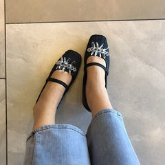 Lizakosht Fashion Spring/Autumn Silk Flats Mary Jane Shoes Square Toe Women's Shoes Handmade String Bead Ballet Flats Women Shoes