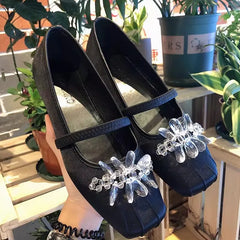 Lizakosht Fashion Spring/Autumn Silk Flats Mary Jane Shoes Square Toe Women's Shoes Handmade String Bead Ballet Flats Women Shoes