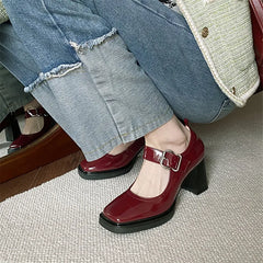 Lizakosht New Spring Women Shoes Leather Shoes Women Pumps Square Toe Thick Heel Women Mary Janes Shoes Loafers Women High Heels