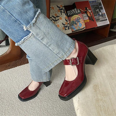 Lizakosht New Spring Women Shoes Leather Shoes Women Pumps Square Toe Thick Heel Women Mary Janes Shoes Loafers Women High Heels
