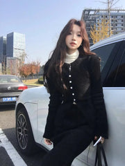 Spring 2 Piece Dress Set Pink Knitted Sweater Clothing Casual Cardigan Tops + Slim Elegant Midi Skirt Korea Suit Woman Chic