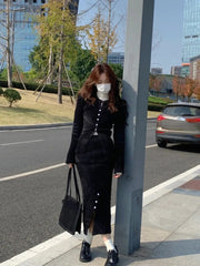 Spring 2 Piece Dress Set Pink Knitted Sweater Clothing Casual Cardigan Tops + Slim Elegant Midi Skirt Korea Suit Woman Chic