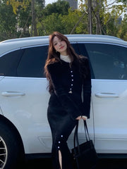 Spring 2 Piece Dress Set Pink Knitted Sweater Clothing Casual Cardigan Tops + Slim Elegant Midi Skirt Korea Suit Woman Chic