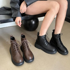 Lizakosht Spring Autumn Women Ankle Boot Fashion Round Toe Platform Ladies Short Boots Low Heel Outdoor Lace Up Boots