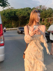 Lizakosht Spring Elegant Floral Midi Dress Women Casual Outwear Beach Y2k Dress French Vintage One Piece Dress Korean Fashion Summer