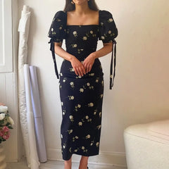 Lizakosht Summer Bodycon Print Women'S Dress Slim Square Collar Short Sleeve Midi Dresses Elegant Classic Party Dress Female