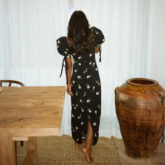 Lizakosht Summer Bodycon Print Women'S Dress Slim Square Collar Short Sleeve Midi Dresses Elegant Classic Party Dress Female