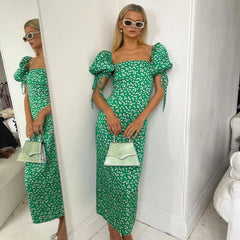 Lizakosht Summer Bodycon Print Women'S Dress Slim Square Collar Short Sleeve Midi Dresses Elegant Classic Party Dress Female