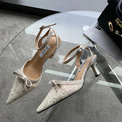 Lizakosht Summer New Fashion Sandal High Heel Fashion Pointed Toe Women Pumps Lace Bow Buckle Dress Shoes Zapatos Mujer