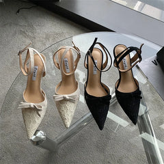 Lizakosht Summer New Fashion Sandal High Heel Fashion Pointed Toe Women Pumps Lace Bow Buckle Dress Shoes Zapatos Mujer