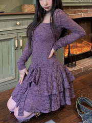 Lizakosht Summer Vintage Y2k Mini Dress Women Long Sleeve Even Party Dress Female Casual Lace Bodycon One Piece Dress Korean Chic