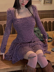 Lizakosht Summer Vintage Y2k Mini Dress Women Long Sleeve Even Party Dress Female Casual Lace Bodycon One Piece Dress Korean Chic