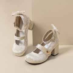Lizakosht 2024 NEW Lolita Young Girl Pumps Velvet Bow Mary Jane Shoes 6CM Women Heart Buckle Thick Heel Elegant Valentine Shoes
