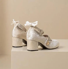 Lizakosht 2024 NEW Lolita Young Girl Pumps Velvet Bow Mary Jane Shoes 6CM Women Heart Buckle Thick Heel Elegant Valentine Shoes