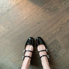 Lizakosht 2024 New Spring Korea Flats Fashion Mary Jane Shoes Square Toe Women's Shoes Retro Rhinestone Buckle PU Red Black Women Pumps