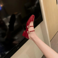 Lizakosht 2024 New Spring Korea Flats Fashion Mary Jane Shoes Square Toe Women's Shoes Retro Rhinestone Buckle PU Red Black Women Pumps