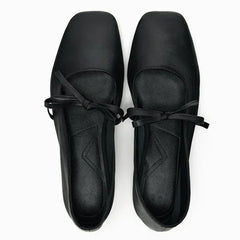 Lizakosht 2024 Spring/Autumn Black Flats Mary Jane Shoes Square Toe Lace Up Bowknot Women's Shoes Bow Ballet Flats Women Shoes