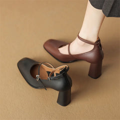 Lizakosht 2024 Spring/summer Mary Jane Shoes Genuine Leather Women Shoes French Square Toe Chunky Heel Shoes Women High Heels Women Pumps