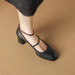 Lizakosht 2024 Spring/summer Mary Jane Shoes Genuine Leather Women Shoes French Square Toe Chunky Heel Shoes Women High Heels Women Pumps
