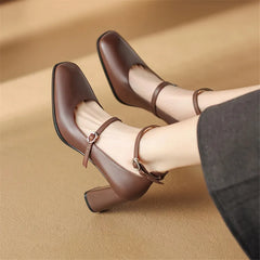 Lizakosht 2024 Spring/summer Mary Jane Shoes Genuine Leather Women Shoes French Square Toe Chunky Heel Shoes Women High Heels Women Pumps