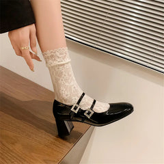 Lizakosht 2024 Spring/summer Mary Jane Shoes Split Leather Women Shoes French Square Toe Chunky Heel Shoes Women High Heels Women Pumps