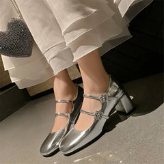 Lizakosht 2024 Spring/summer Mary Jane Shoes Split Leather Women Shoes French Square Toe Chunky Heel Shoes Women High Heels Women Pumps