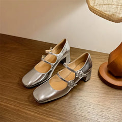 Lizakosht 2024 Spring/summer Mary Jane Shoes Split Leather Women Shoes French Square Toe Chunky Heel Shoes Women High Heels Women Pumps